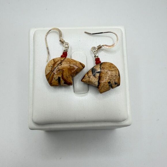 Jewelry - Unique Picture Jasper carved "bear" dangle earrings with sterling silver hooks!
